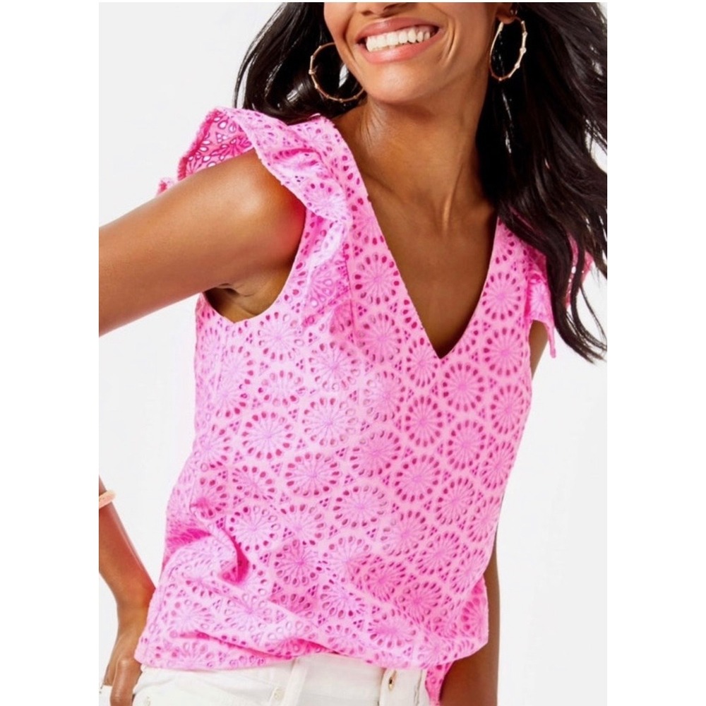 Lilly Pulitzer Pink Eyelet Flutter Sleeve V-Neck Blouse Top Medium Sunburst